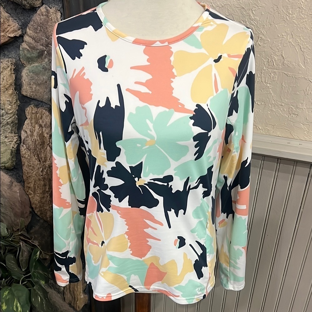 Hang Ten Graphic Green and Pink Long Sleeve Blouse